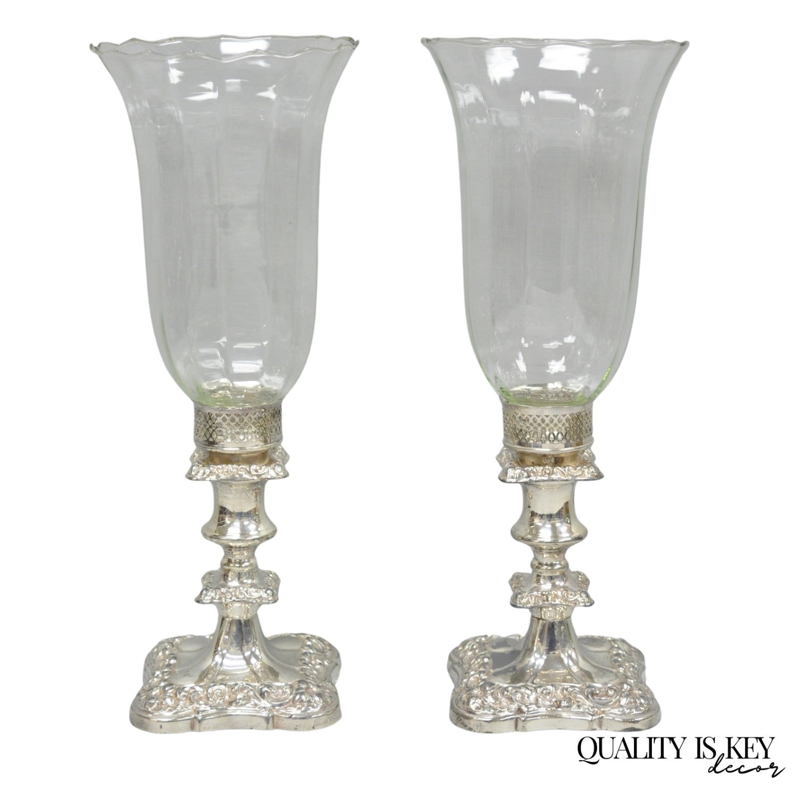 Antique Victorian Silver Plated Glass Hurricane Lamp Shade Candlestick - Pair