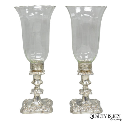 Antique Victorian Silver Plated Glass Hurricane Lamp Shade Candlestick - Pair