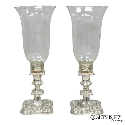 Antique Victorian Silver Plated Glass Hurricane Lamp Shade Candlestick - Pair