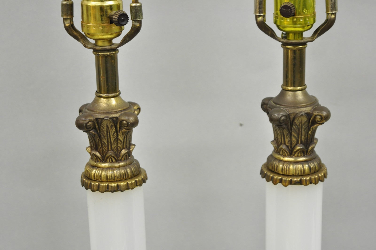 Vintage French Empire Neoclassical White Milk Glass Column Table Lamps - a Pair