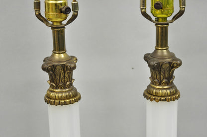 Vintage French Empire Neoclassical White Milk Glass Column Table Lamps - a Pair