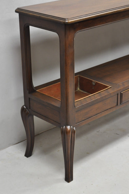 Vintage Baker Dark Cherry Wood Narrow French Console Hall Table w Copper Inserts