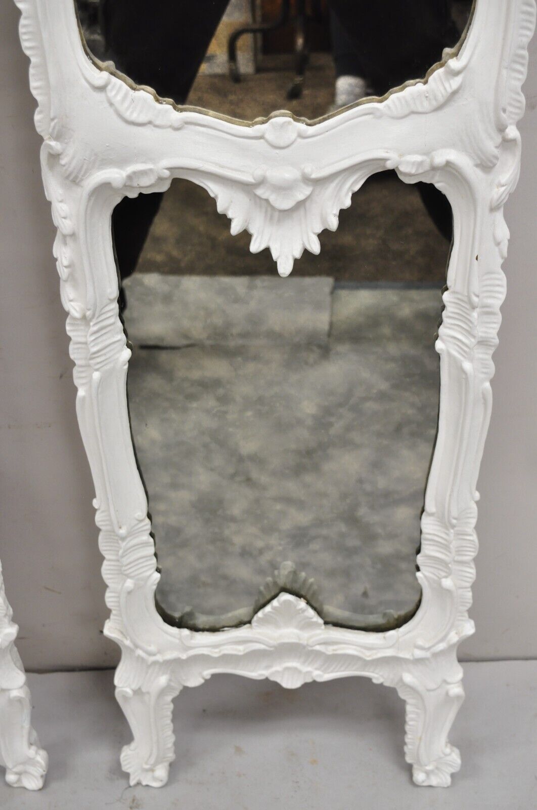 Antique French Rococo Louis XV White Carved Wood Tall Narrow Mirrors - 3 Pcs