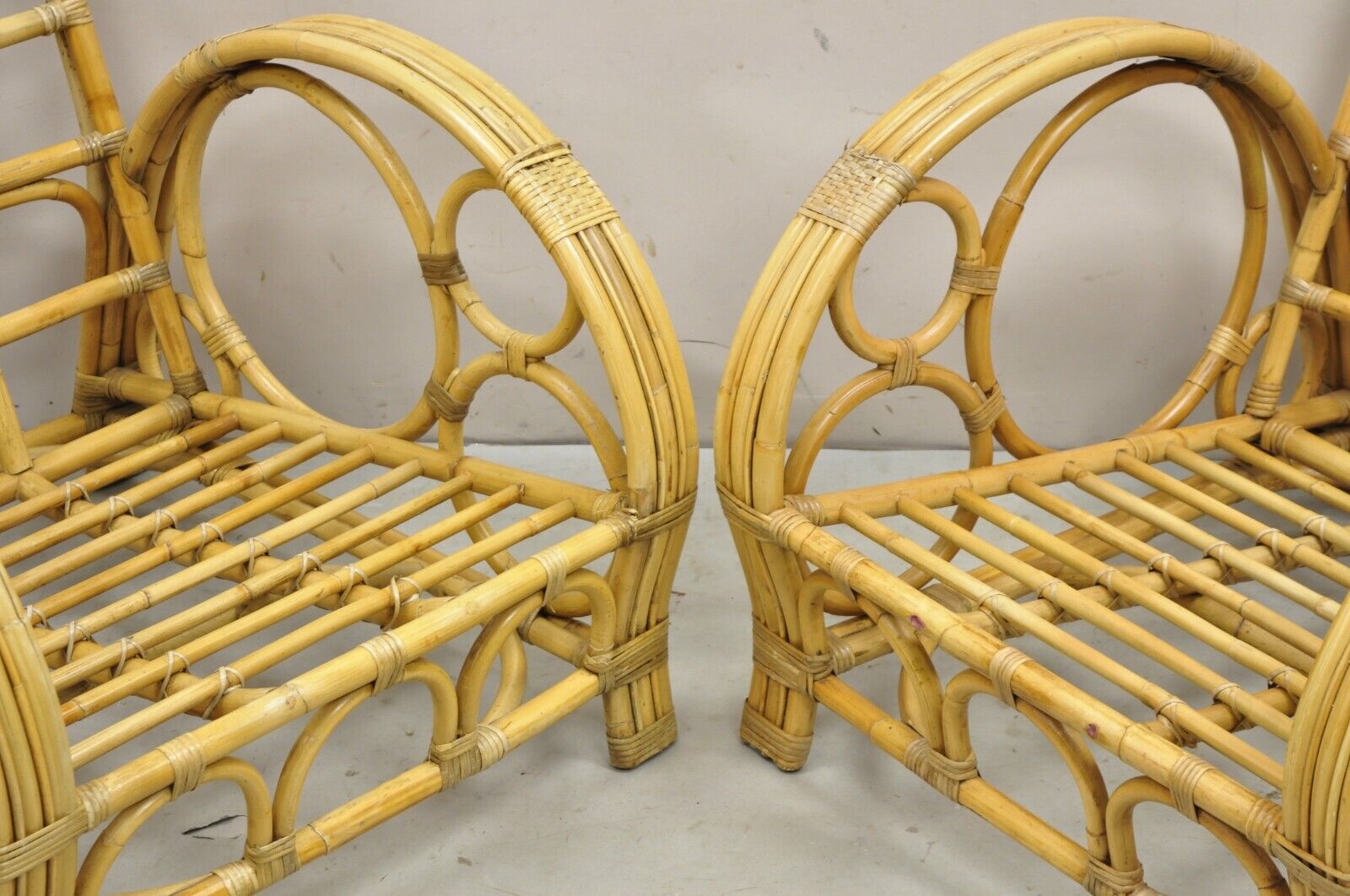Vintage Hollywood Regency Bent Bamboo Wicker Rattan Pretzel Lounge Chairs - Pair