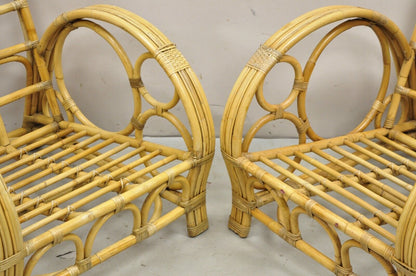 Vintage Hollywood Regency Bent Bamboo Wicker Rattan Pretzel Lounge Chairs - Pair