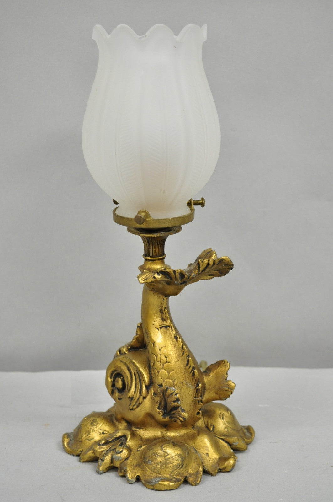 Antique French Art Nouveau Small Gold Gilt Metal Figural Dolphin Table Lamp