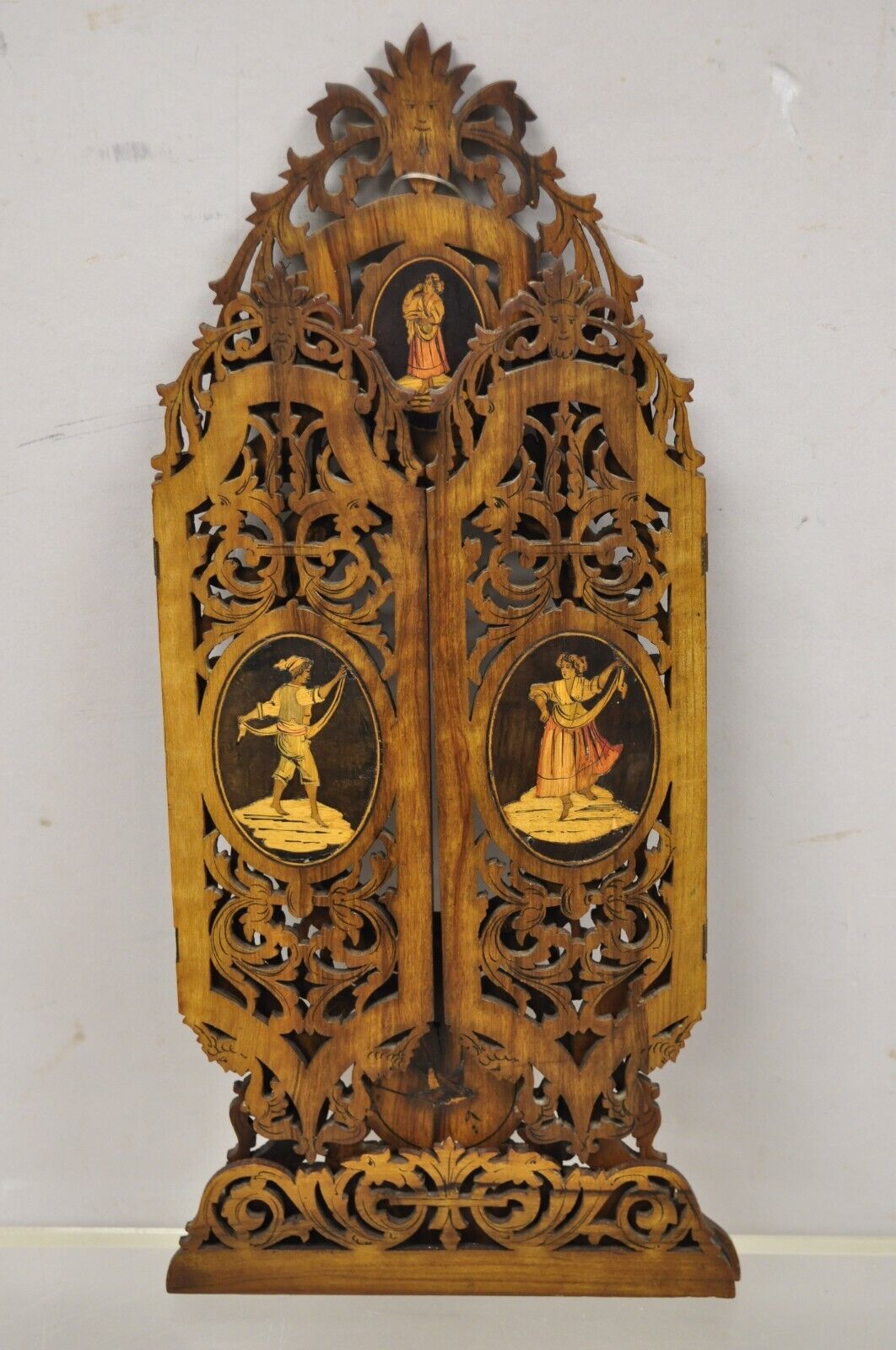 19th C Italian Sorrento Triptych Folding Inlaid Travel Mirror Easel Stand