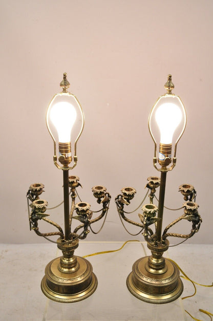 French Empire Style Brass Figural Bird Swan Candelabra Table Lamps - a Pair