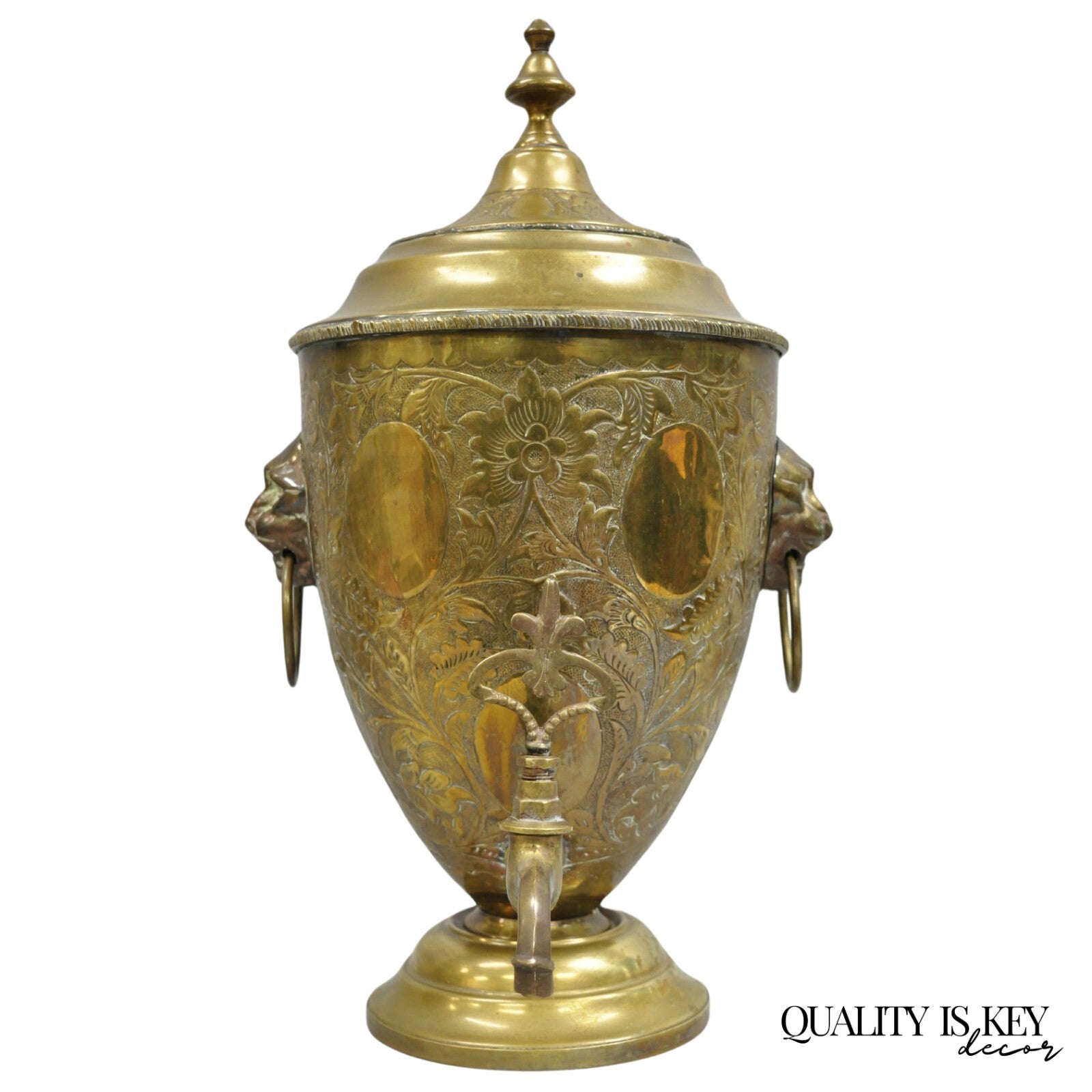Antique Italian Renaissance Brass Floral Repousse Lions Samovar Drink Dispenser