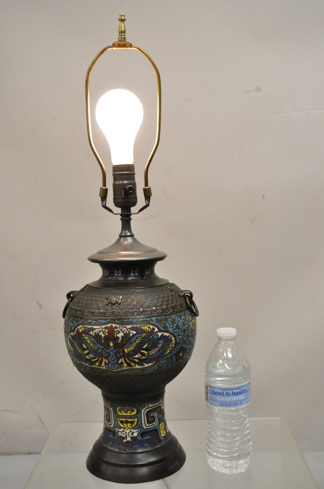 Antique Chinese Cloisonne Blue Porcelain Enamel  Bronze Figural Table Lamp