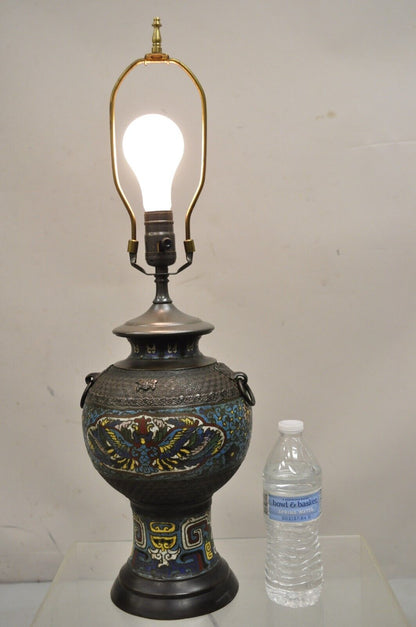 Antique Chinese Cloisonne Blue Porcelain Enamel  Bronze Figural Table Lamp