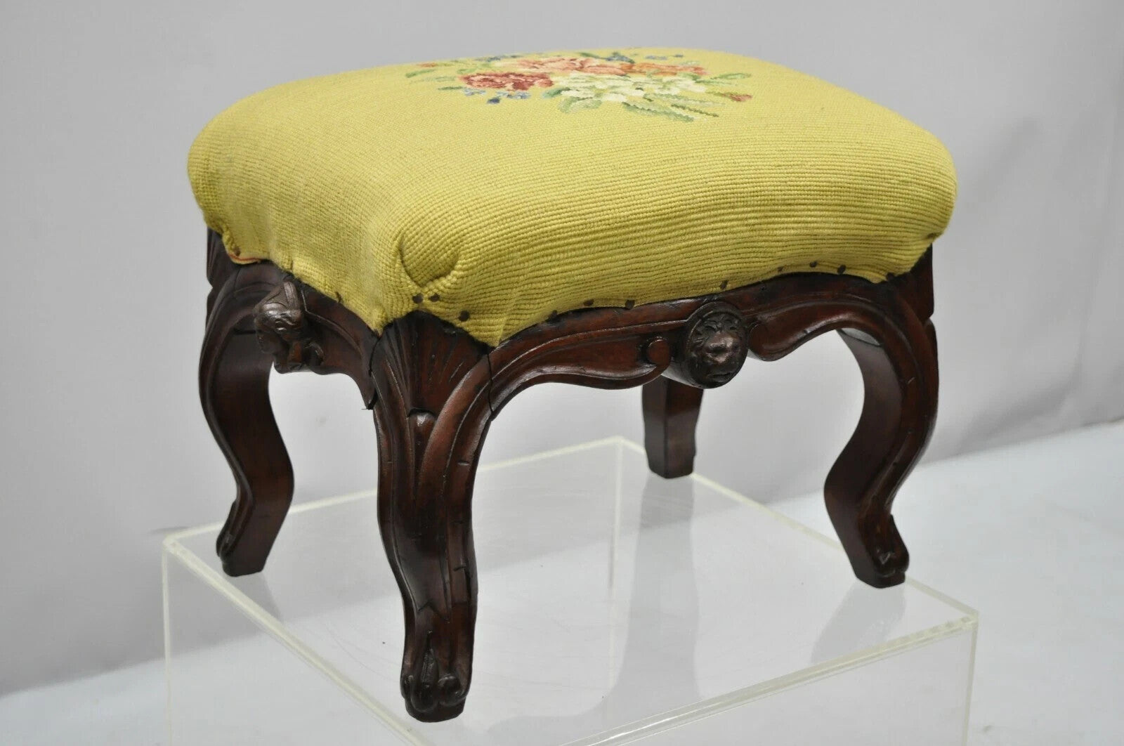 Antique Victorian Walnut Figural Lion Female Face Needlepoint Footstool Ottoman