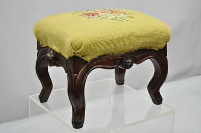 Antique Victorian Walnut Figural Lion Female Face Needlepoint Footstool Ottoman