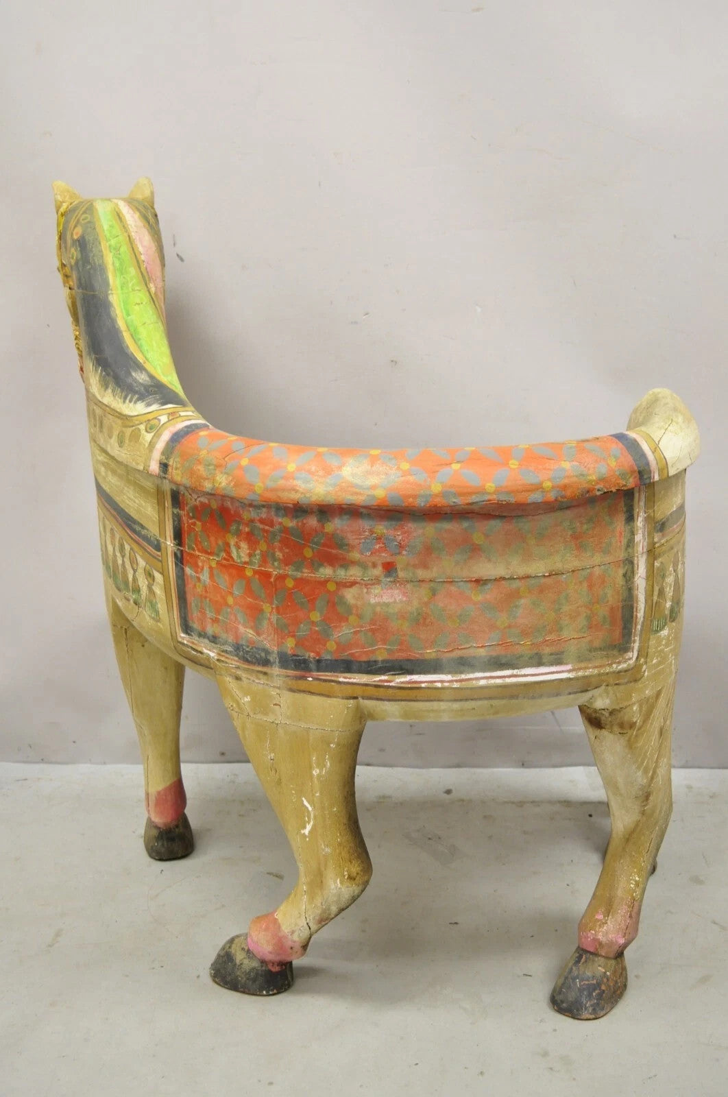 Vintage Figural Primitive Solid Carved Wood Red & Green Horse Bench Seat Chair
