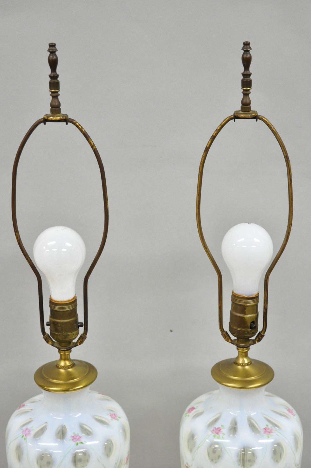 Antique Victorian White Czech Bohemian Rose Pink Painted Table Lamps - a Pair