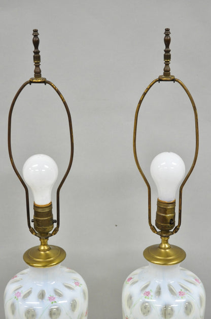 Antique Victorian White Czech Bohemian Rose Pink Painted Table Lamps - a Pair