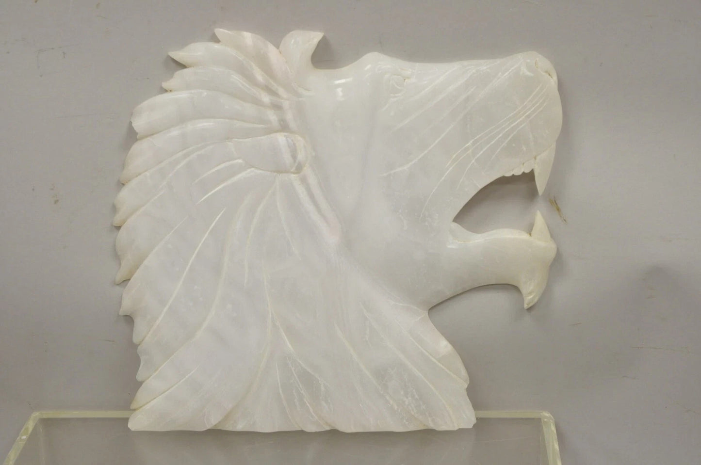 Vintage Italian Carved White Alabaster Lion Head Sculpture Statue Figure (B)