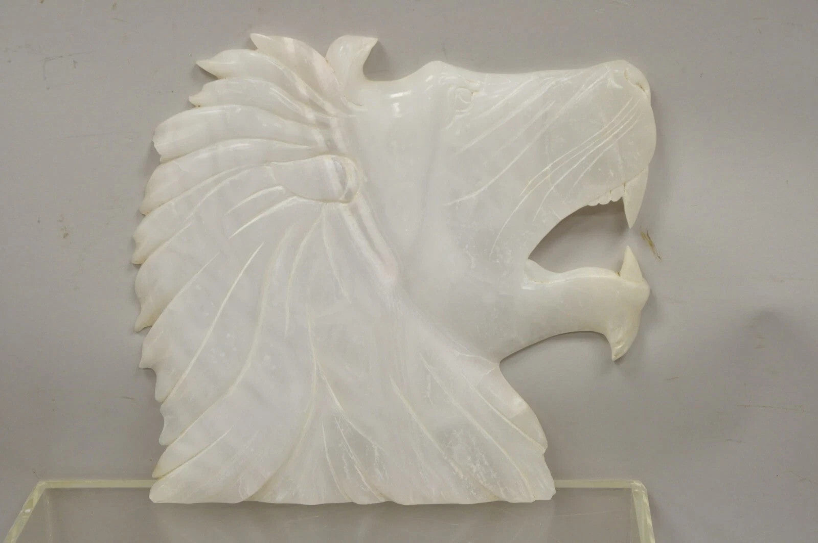 Vintage Italian Carved White Alabaster Lion Head Sculpture Statue Figure (B)