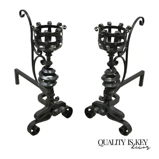 Arts & Crafts Gothic Cast Iron Spiral Scrollwork Fireplace Andirons - a Pair