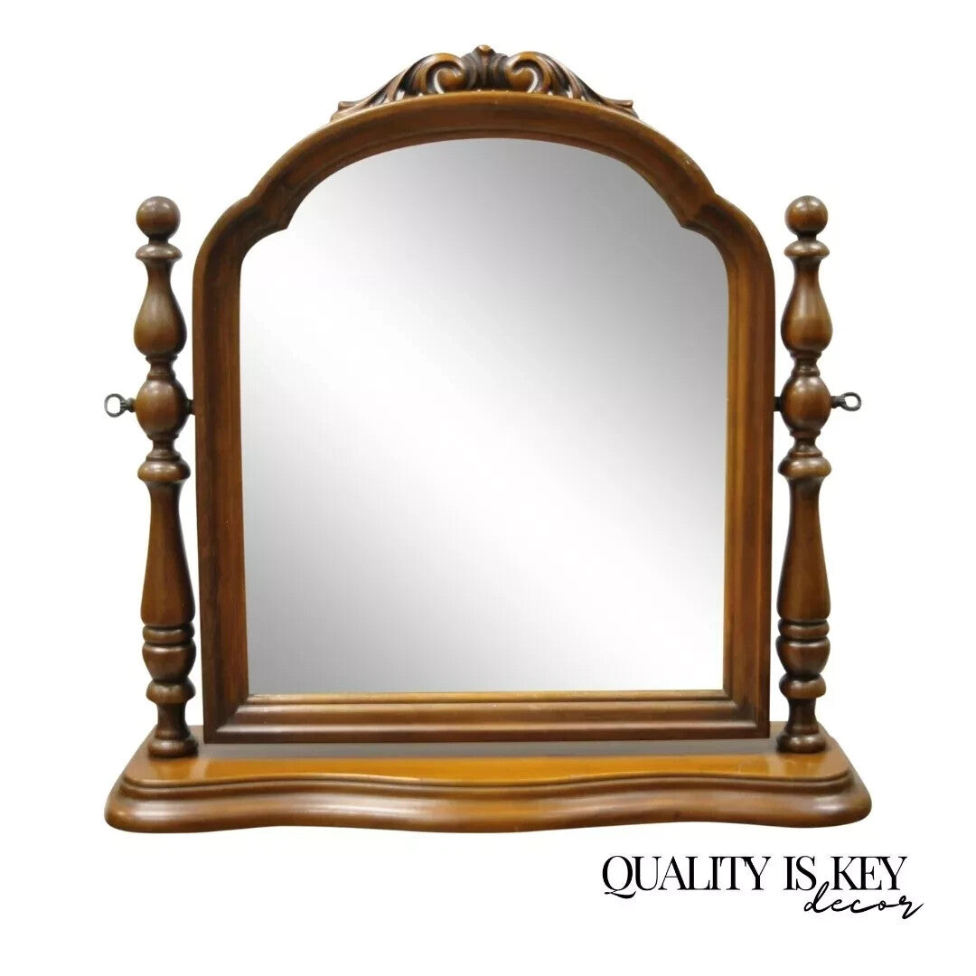 Antique Jacobean Depression Era Walnut Vanity Dresser Pivoting Shaving Mirror