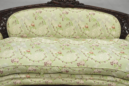 Antique Italian Renaissance Carved Walnut French Victorian Rams Head Green Sofa