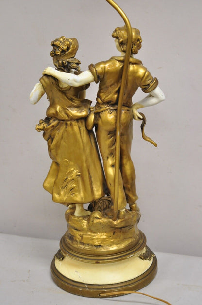 Antique French Renaissance Moreau Figural Metal Table Lamp, Wife & Farmer