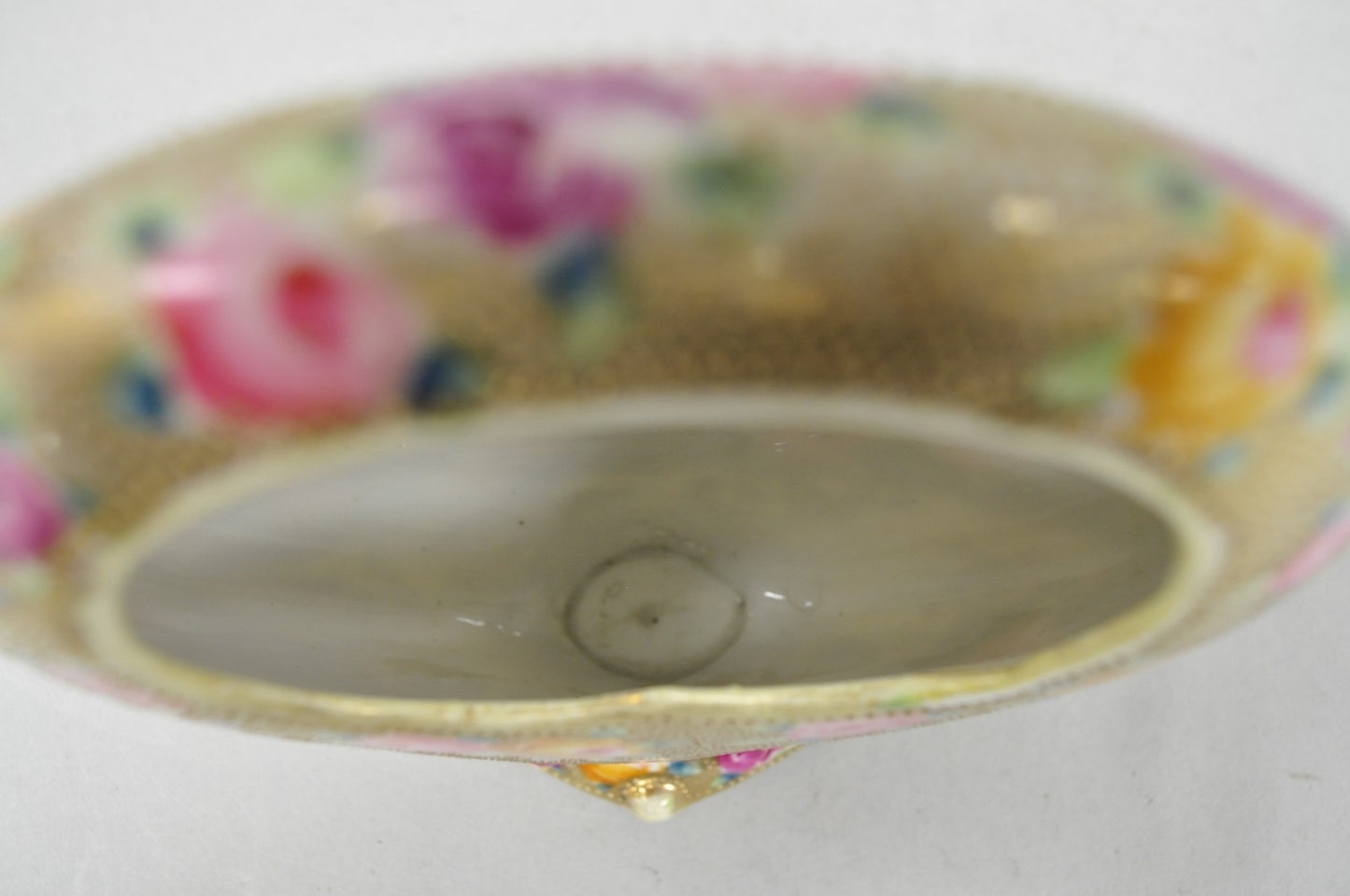 Antique Japanese Nippon Hand Painted Porcelain Gold Gilt Handle Moon Basket Vase