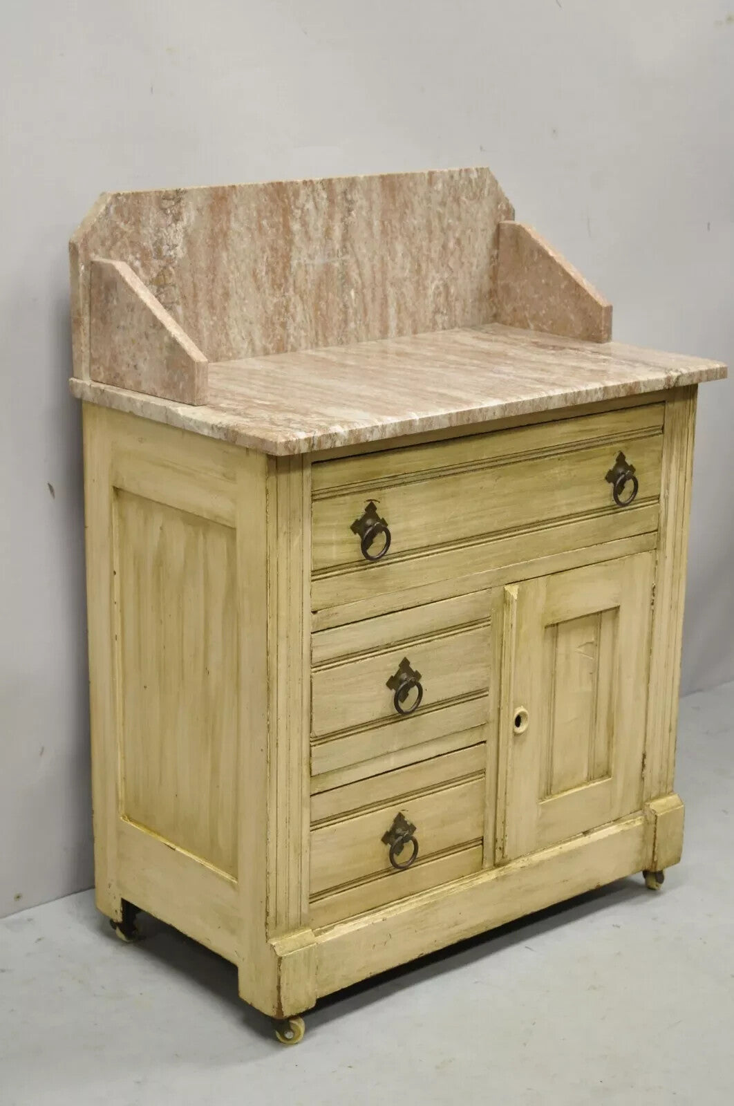 Antique Eastlake Victorian Pink Marble Backsplash Washstand Nightstand Cabinet