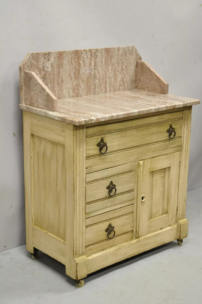 Antique Eastlake Victorian Pink Marble Backsplash Washstand Nightstand Cabinet