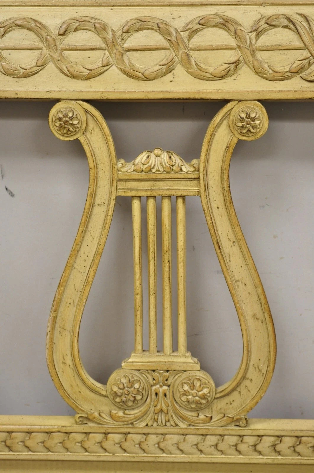 Vintage Italian Neoclassical Carved Lyre Harp Wooden King Size Bed Headboard