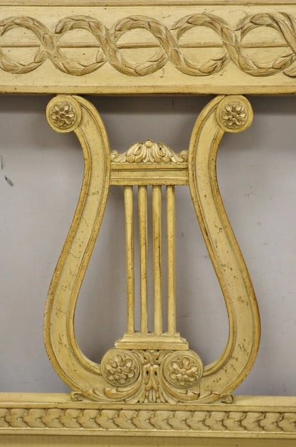 Vintage Italian Neoclassical Carved Lyre Harp Wooden King Size Bed Headboard