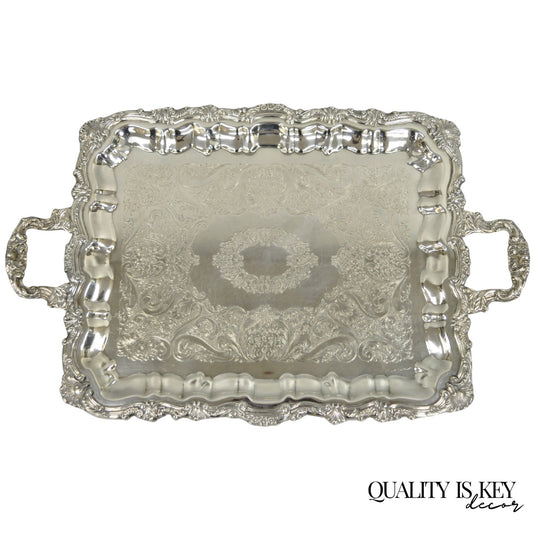 Vintage Victorian Silver Plated Rectangular Twin Handle Footed Bar Serving Tray