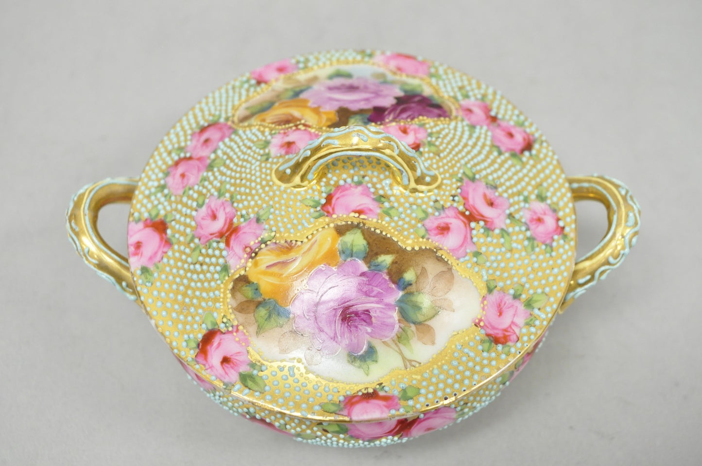 Antique Nippon Hand Painted Gold Gilt Porcelain Green Moriage Covered Sugar Bowl