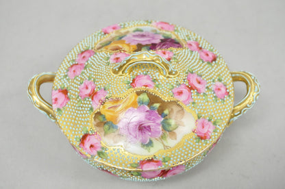 Antique Nippon Hand Painted Gold Gilt Porcelain Green Moriage Covered Sugar Bowl