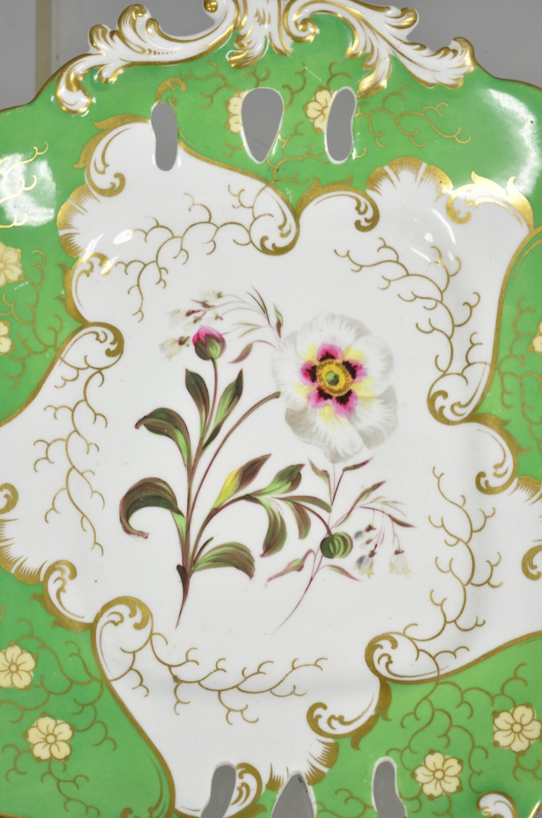 Antique Samuel Alcock Bone China Porcelain Dessert Plate Green w/ Flowers - Pair