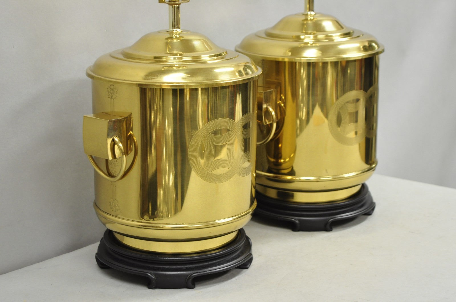 Vintage Frederick Cooper Chinoiserie Double Happiness Brass Drum Table Lamp Pair