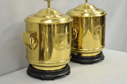 Vintage Frederick Cooper Chinoiserie Double Happiness Brass Drum Table Lamp Pair