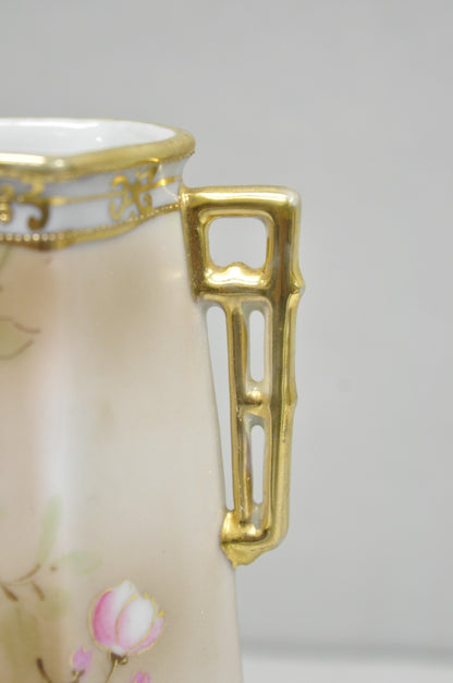 Antique Nippon Twin Handled Pink Hand Painted Porcelain Hexagon Gold Rimmed Vase