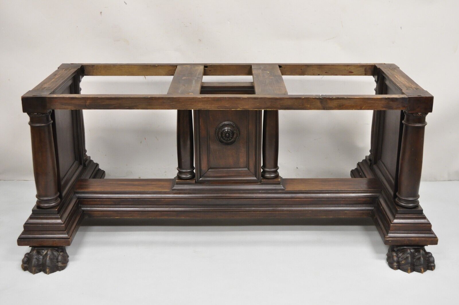 Antique Italian Renaissance Carved Walnut Hairy Paw Foot Desk Console Table Base