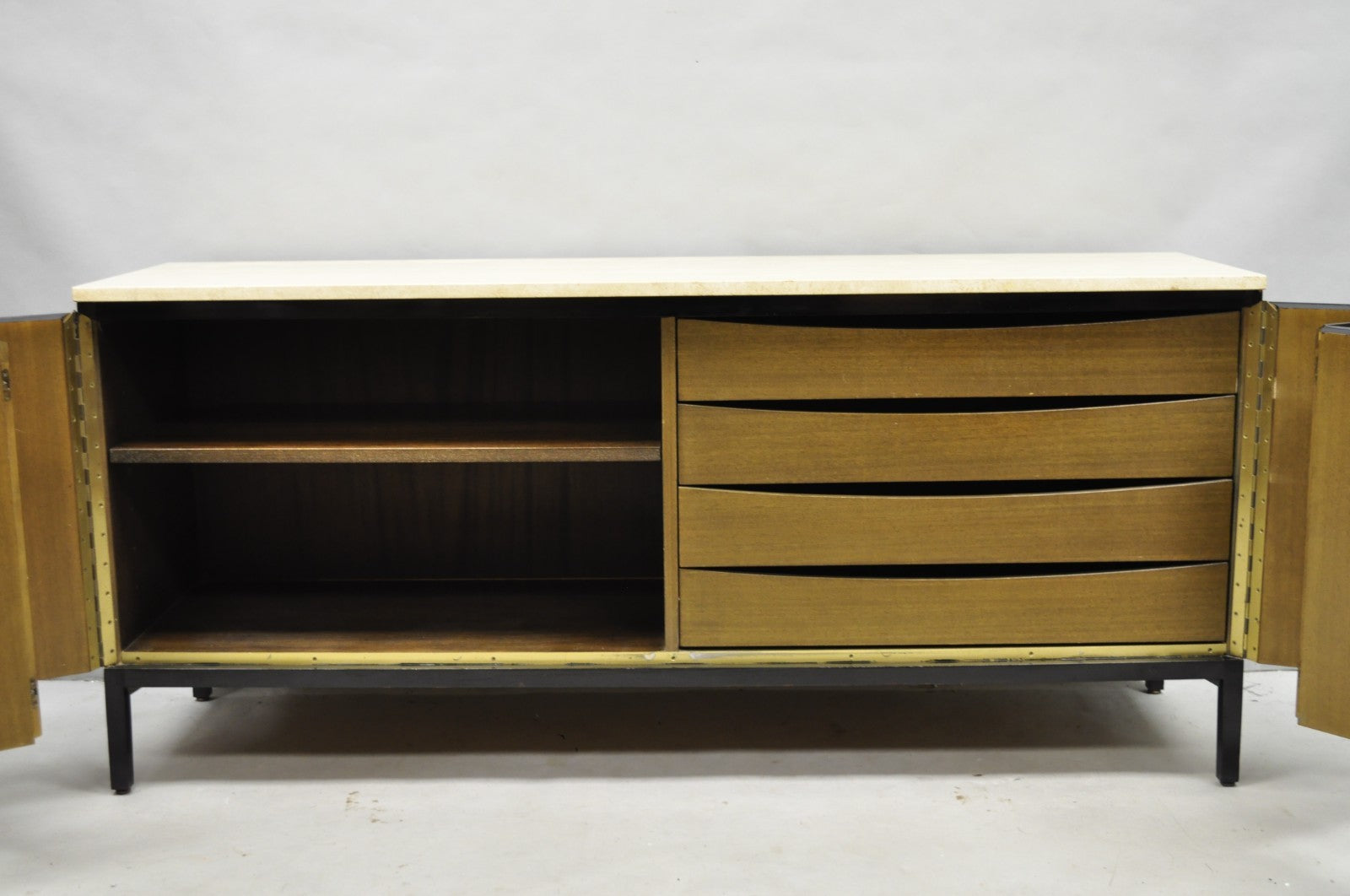 Paul McCobb for Calvin Irwin Travertine Top Black Mahogany Sideboard Credenza