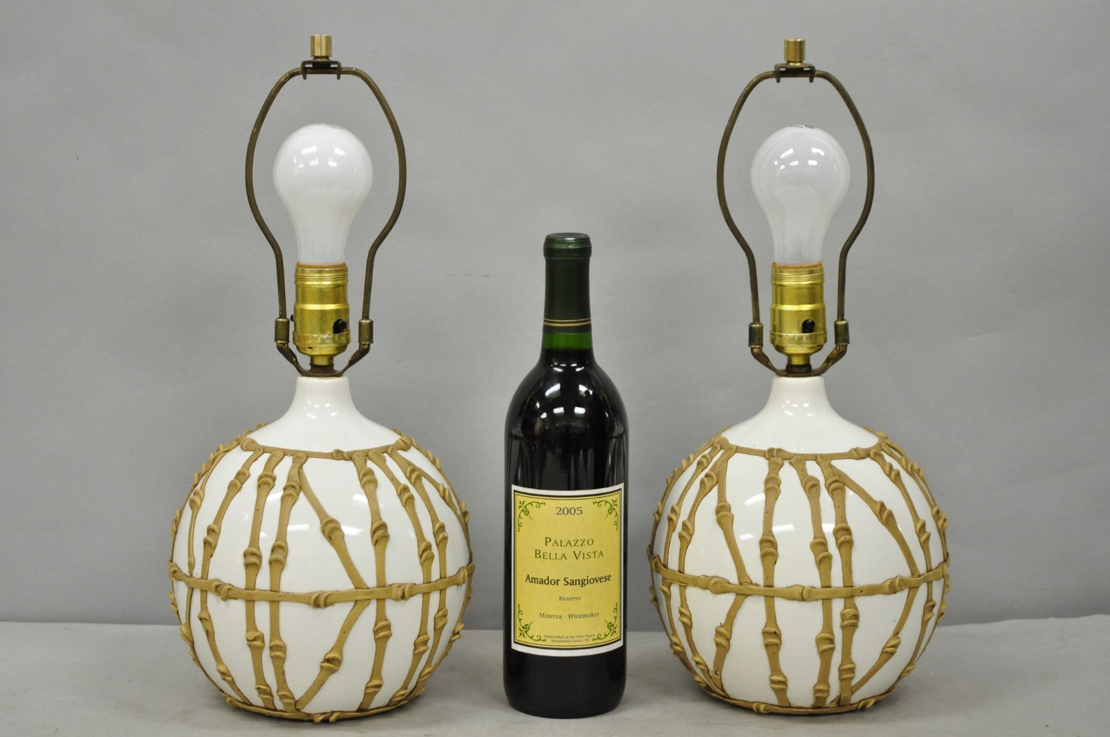 Vintage Hollywood Regency Small Bulbous Ceramic Faux Bamboo Table Lamps - a Pair