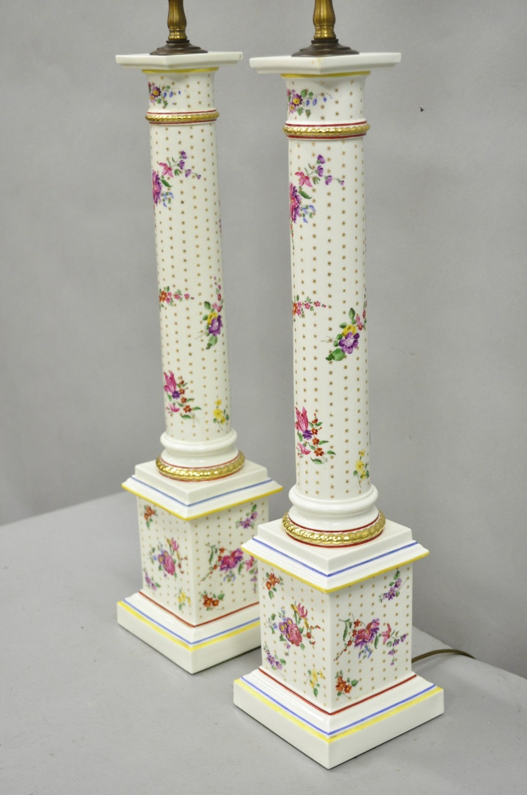 Vintage Victorian French Porcelain Column Table Lamps w Painted Flowers - a Pair