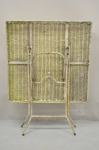 Vintage Victorian Style Wrought Iron Wicker Rattan Top Folding Card Game Table