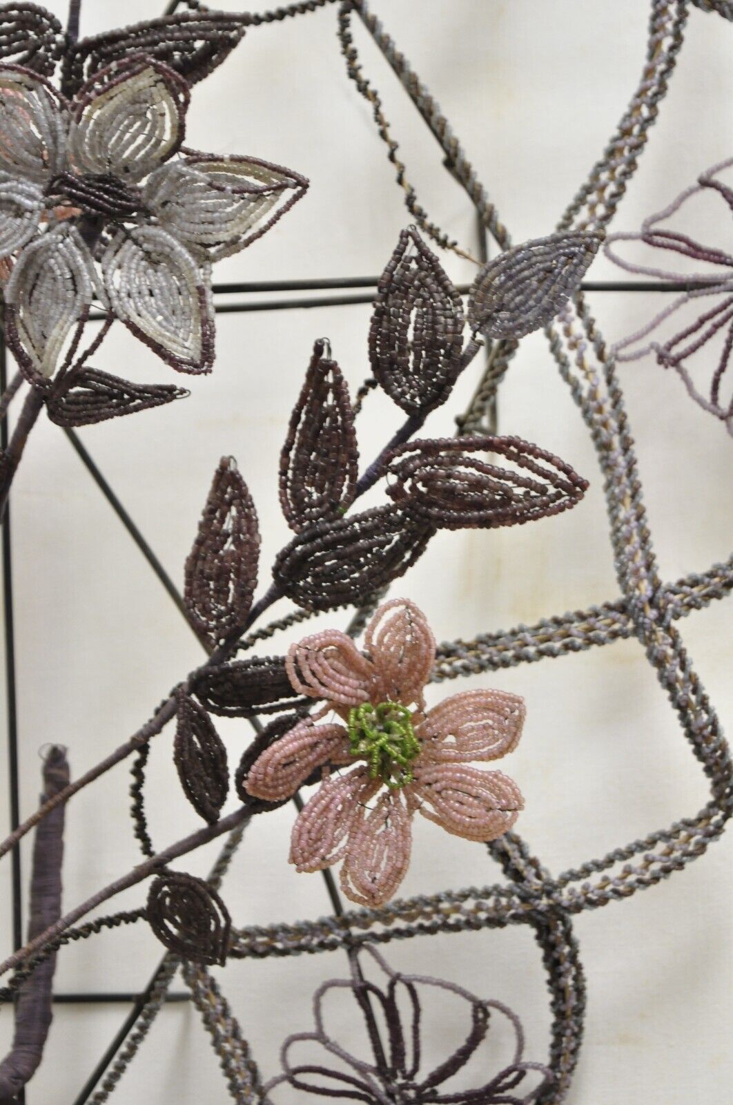 Antique French Victorian Purple Glass Beaded Memorial Wreath Wall Sculpture