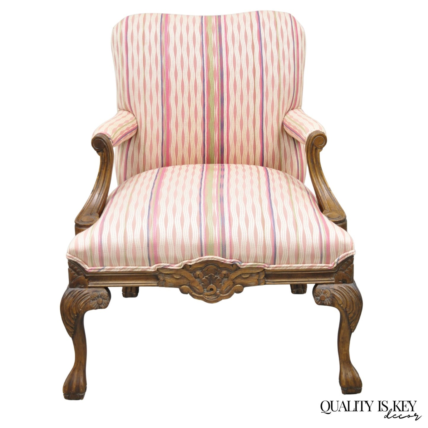 Vintage Georgian Style Carved Walnut Paw Foot Pink Upholstered Club Lounge Chair