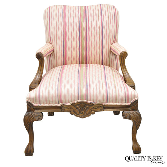 Vintage Georgian Style Carved Walnut Paw Foot Pink Upholstered Club Lounge Chair