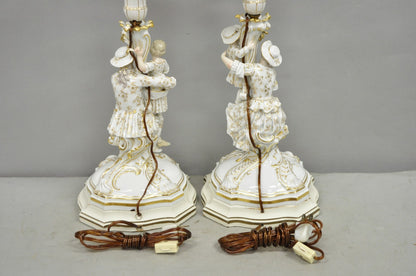Antique Meissen Porcelain German Figural Lighted Candlestick Table Lamps - Pair