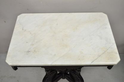 Antique Eastlake Victorian Floral Carved Walnut Parlor Side Table w/ Marble Top