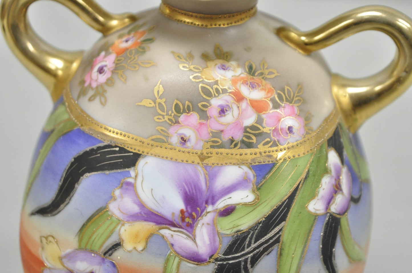 Antique Nippon Moriage Hand Painted Porcelain Purple Iris & Gold Gilt Vase Pair