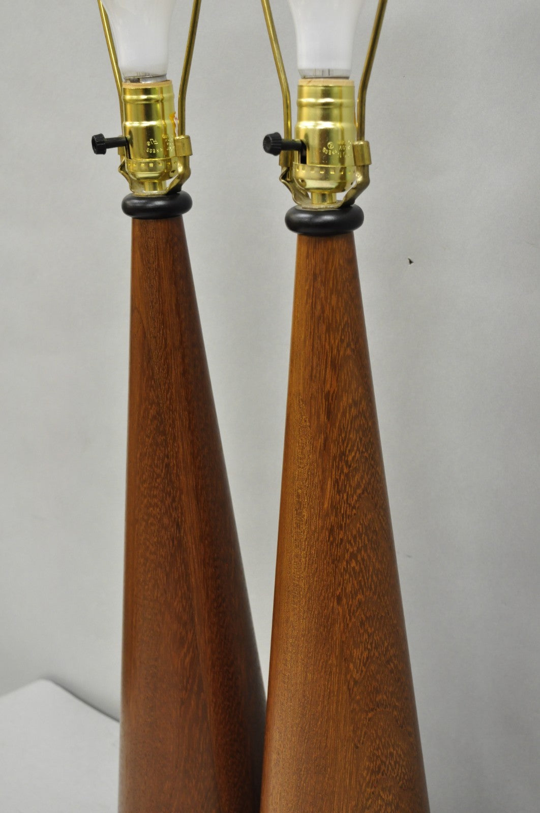 Vintage Mid Century Modern Staved Teak Wood Cone Shaped Table Lamps - a Pair